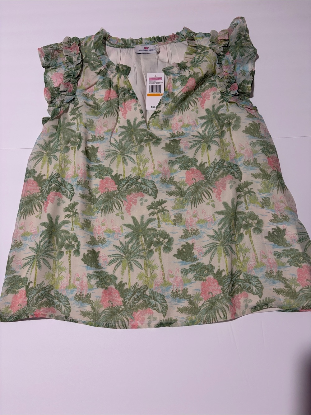 NWT Vineyard Vines Palm Beach Green and Pink Tropical Ruffle Sleeve Top Size S